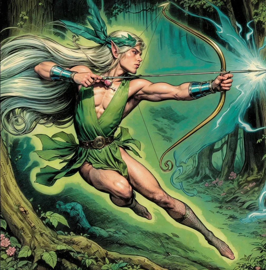 American classic comic book art: Man Magic elf young man ethereal delicate, long straight platinum blonde hair long, tight light green outfit dress sleeveless, tight fishnet stockings, magic archery, big butt, metal bracelets, emanating blue-green magic energy from arrow, green ribbon on forehead, covered neck, very young face man, forest, enchanted bow, delicate man archer, delicate male body, peach lipsprancing, classic comic book