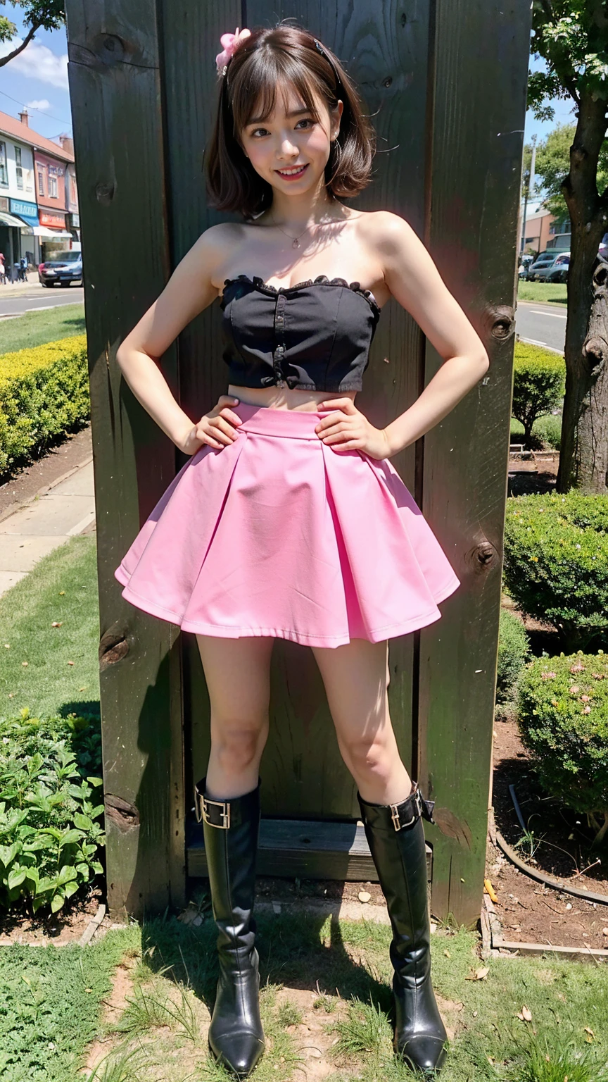 (8K、RAW Photos、Highest quality、masterpiece:1.2)、(Highest quality、Realistic)、1 Girl、((Tube top、Medium Hair、smile、Pink and black、mini skirt、Thin legs、whole body、boots、garden、View from the front、Looking into the camera、Idol Costume、Stand with hands on hips))、cute
