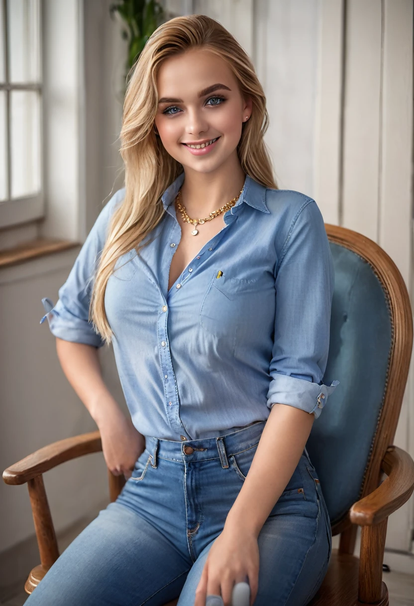 hyperrealistic beautiful busty 18-year-old women with long legs wearing a button up shirt and blue jeans, large breasts 36DD, full body image, long blonde hair, dark eye makeup with eyeliner, seductive smile, small necklace, 8K, Best quality, Meisterwerk, ultra high resolution, (Realismus: 1.4), Originalfoto, (realistische Hautstruktur: 1.3), (Filmkorn: 1.3), (Selfie-Winkel), 1 girl, Beautiful round hazel eyes and facial details, Meisterwerk, Best quality, cute face, curvy, sitting in a chair at home