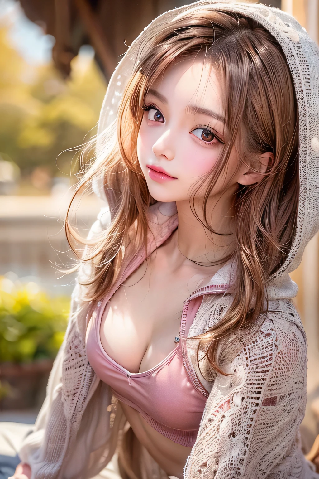 masterpiece, 1 Seductive Woman, Fine grain, highest quality, Ultra High resolution, (reality: 1.4), Cinema Lighting, Beautiful Skin, (Ultra-realistic), (High resolution), (8k), (Very detailed), ( Best illustrations), Pouting slightly,  (Crystal colorful lights), Extremely refined and beautiful, beautiful detailed eyes, Round eyes, detailed facial features, (Round pupils:1.4), (alluring face), Glistening Lips, smile, (small breasts:1.3), Open lips, (Beautiful and detailed face, Beautiful and delicate eyes), pink cheek, mascara, brown hair, long hair, (cleavage:1.3), wearing a white hoodie, zip down, (Eat a sandwich), park,