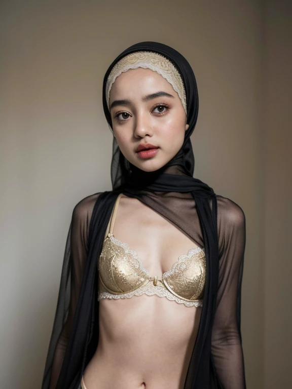 (Wearing Bra Lingerie), (((HIJAB MALAY GIRL))), masutepiece, High quality, UHD 32K, Realistic face, Realistic skin feeling , A Malay Lady, 8 years old, , Very cute and baby-like face, (((FLAT CHEST))), (MATRIX WORLD), ((look In front  at the camera and SADNESS)), ((())), (((CUTE GIRL))), ((BROWN LIPS)), ((BROWN)), (undress). WEAR BRA LINGERIE, gold