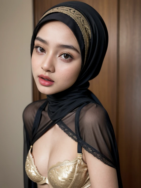 (Wearing Bra Lingerie), (((HIJAB MALAY GIRL))), masutepiece, High quality, UHD 32K, Realistic face, Realistic skin feeling , A Malay Lady, , , Very cute and baby-like face, (((FLAT CHEST))), (MATRIX WORLD), ((look In front at the camera and SADNESS)), ((())), (((CUTE GIRL))), ((BROWN LIPS)), ((BROWN)), (undress). WEAR BRA LINGERIE, gold