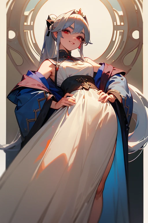 (Highest quality, masterpiece:1.2), (High resolution, 最高masterpiece).(difficult).Very detailed, Realistic:1.37, Fantasy, An illustration,Gray Hair、 Red eyes、Queen, White and blue dress、beautifully、Eyeshadow Red、Thick eyebrows、Long eyelashes、pupils are black、shiny on the lips、Top Sites、Queen、Princess、A kind smile、Show your teeth a little and smile、Soft impression、people々々々々Loved by、Slimming the face、Shoulder Bare、ponytail、Kissing Face、Long white hair、Shaggy Bangs、((Save face image))、((Place your hands on your hips)).