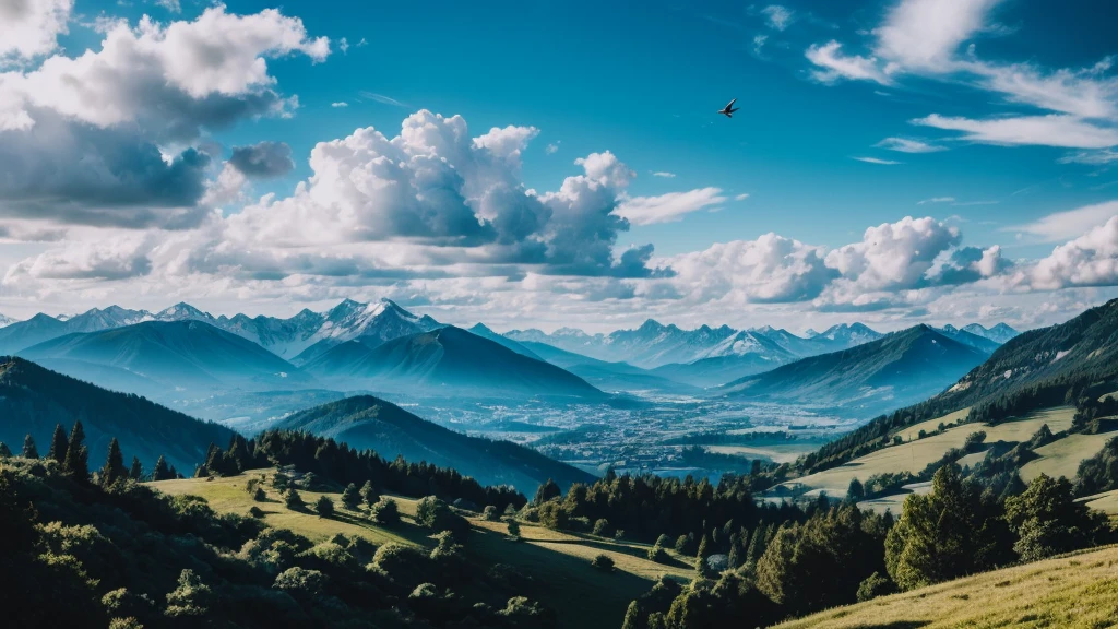  landscape with blue silhouettes of mountains, hills and forest and sky with clouds and birds