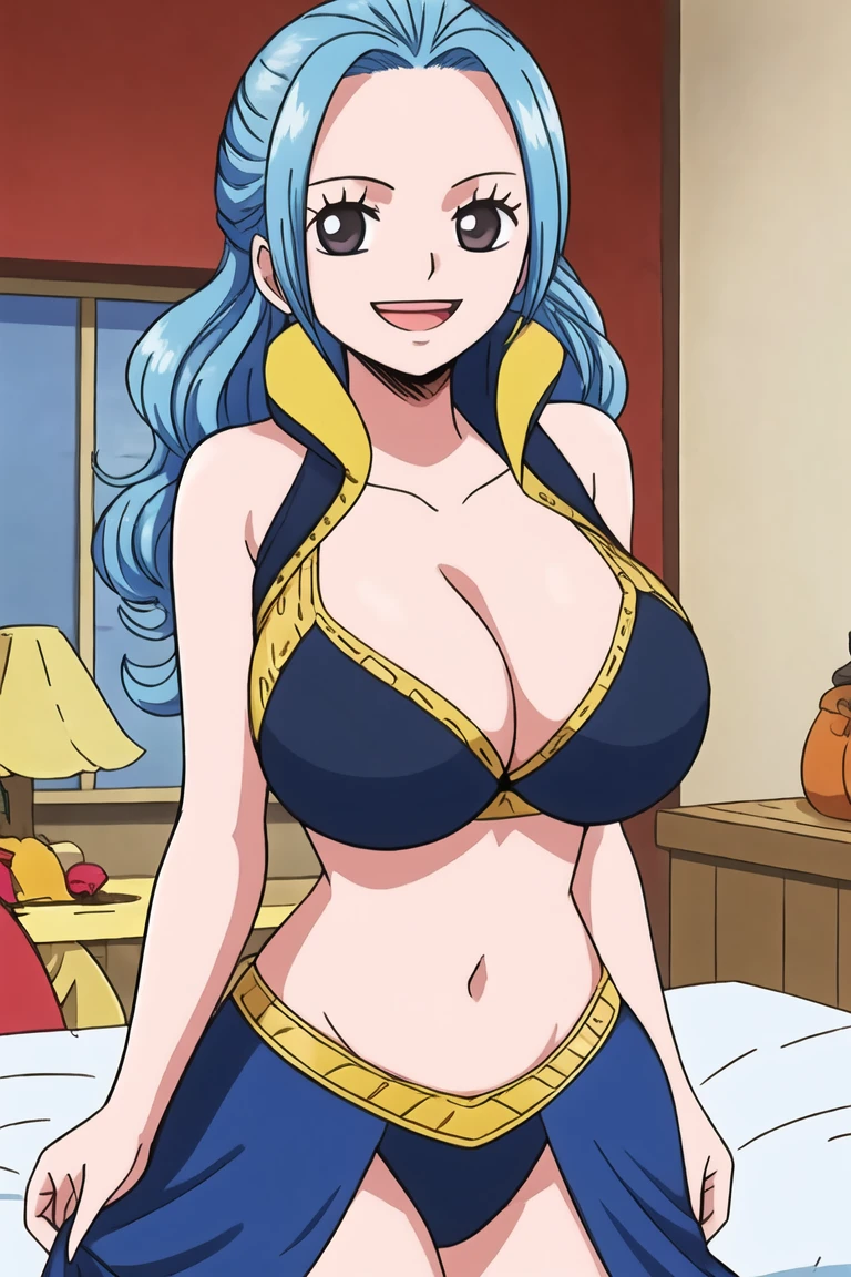 1girl, smile, close up, castel, blue hair,happy, room, big breasts, grey eyes, cleavage, bed, navel, blush, hands on own breasts, grabbing breasts, grab breasts, shy, breasts out, nipples