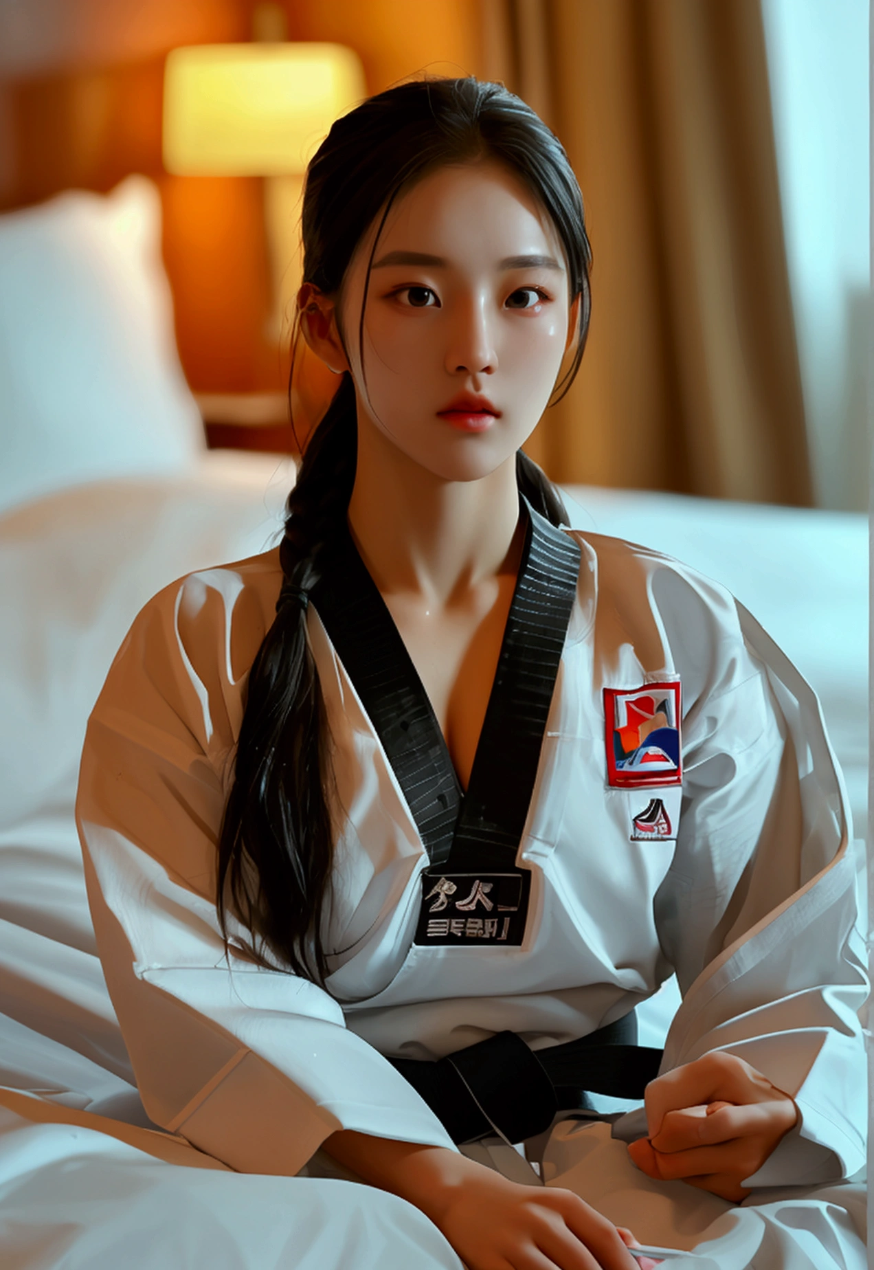 masterpiece, ultra details, best quality, 1 korean taekwondo girl, masterpiece, ultra details, best quality, black long straight hair, wearing sweaty white World Taekwondo Federation dobok uniform with black v-neck, wearing taekwondo blackbelt, wearing white martial arts pants without pockets, large sweaty butt, large breasts, laying on wet hotel bed showing butt, sweat on face