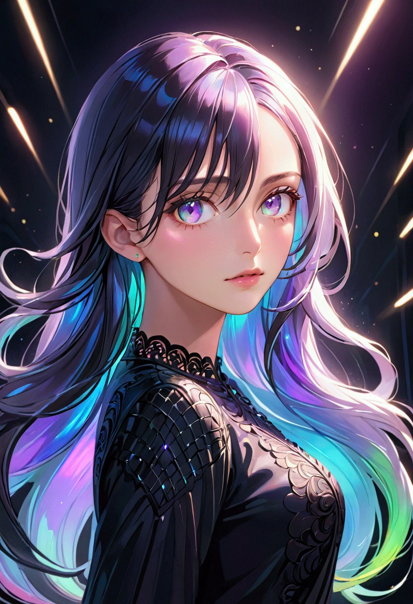 (masterpiece), best quality, expressive eyes, perfect face, Girl,long dark iridescent hair, iridescent eyes, MILF