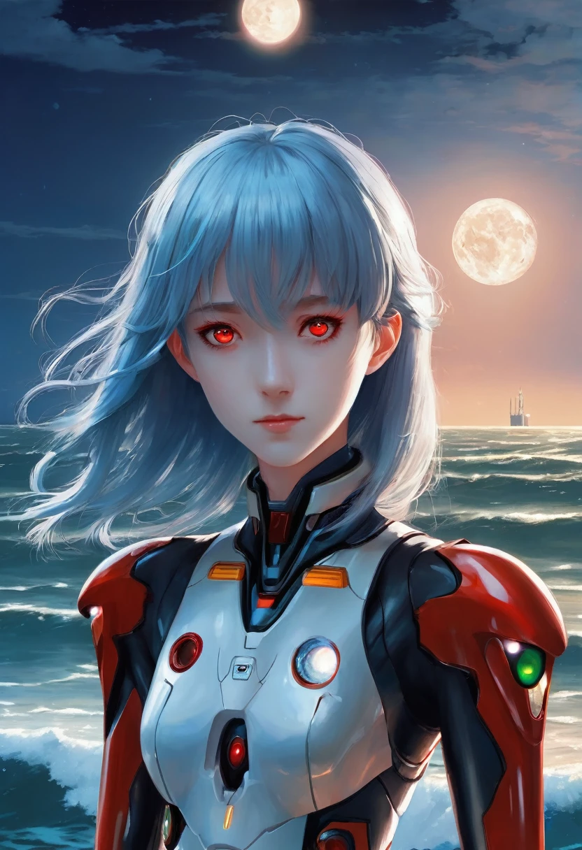 Pale girl with red eyes。Wearing a plug suit。Her hair is light blue and short。Standing on the red sea with the moon in the background。
In an Evangelion-like worldview、Photorealistic look。The atmosphere is dark fantasy
