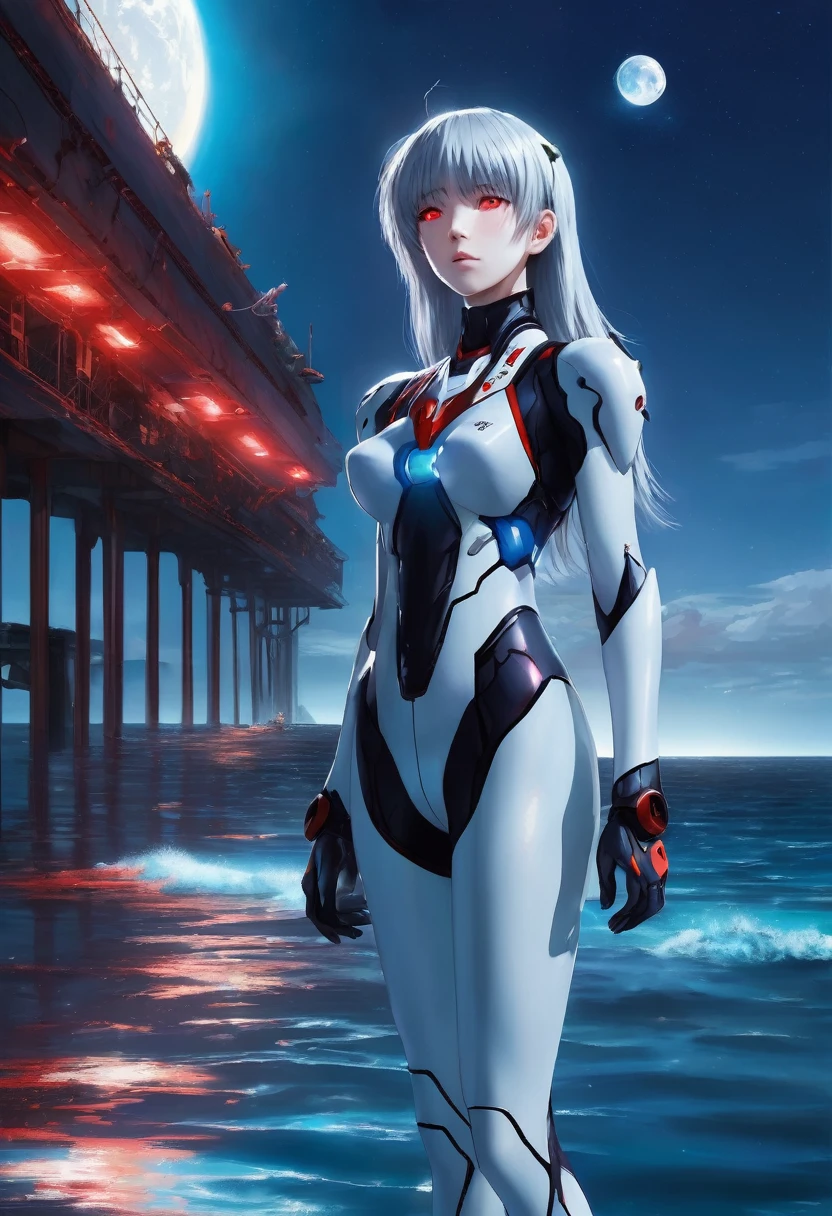 Pale girl with red eyes。Wearing a plug suit。Her hair is light blue and short。Standing on the red sea with the moon in the background。
In an Evangelion-like worldview、Photorealistic look。The atmosphere is dark fantasy