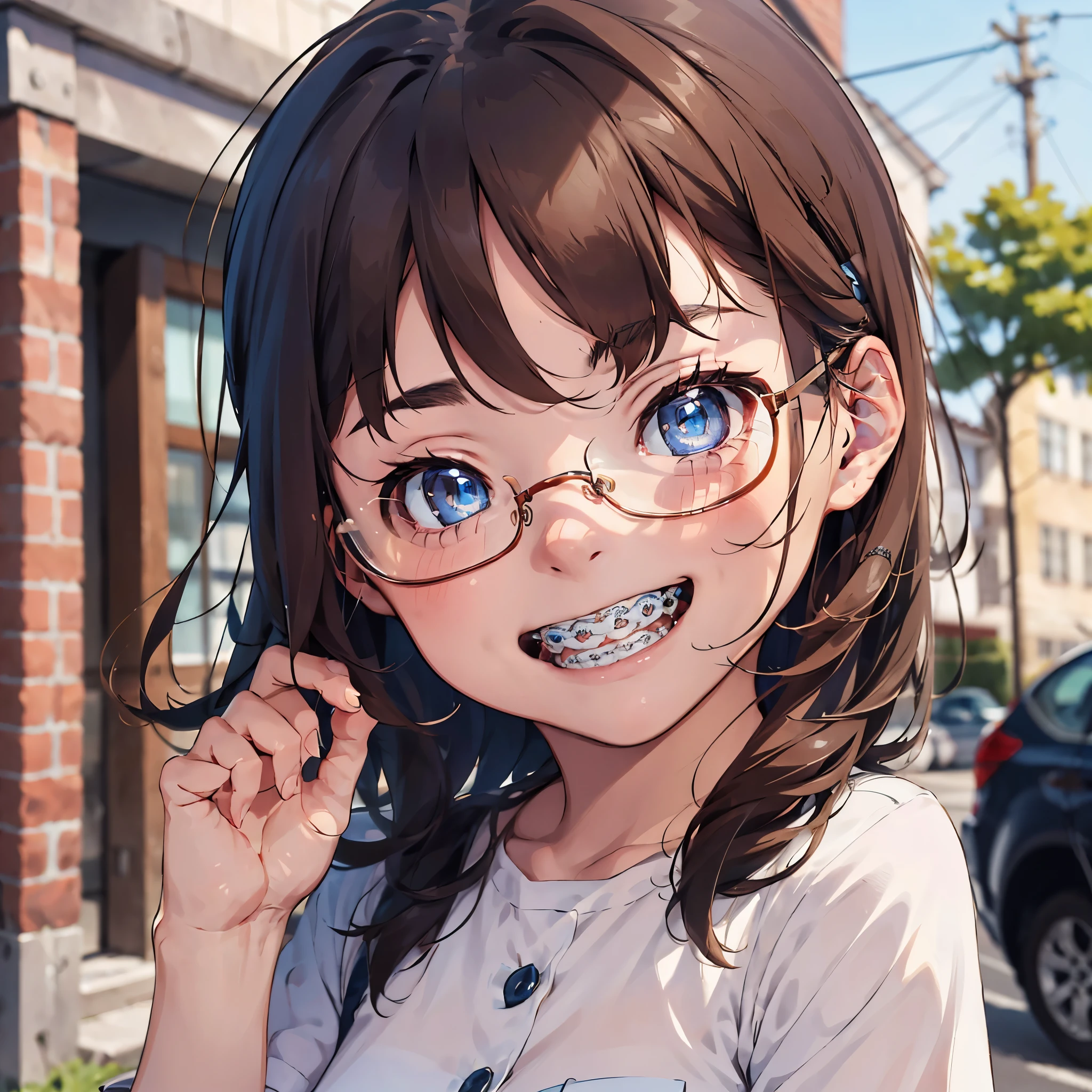 1girl, seductive eyes, braces, glasses, smiling, cute, face focus, blue eyes, blush, brown hair, best quality, masterpiece, highres