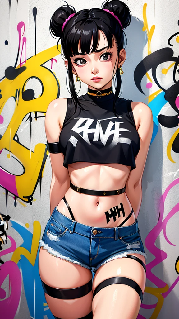 masterpiece, best quality, 1girl, solo, crop top, denim shorts, choker, (graffiti:1.5),  arms behind back, against wall, looking at viewer, armband, thigh strap, head tilt, bored, black hair, Black eyes, headset, chichi.