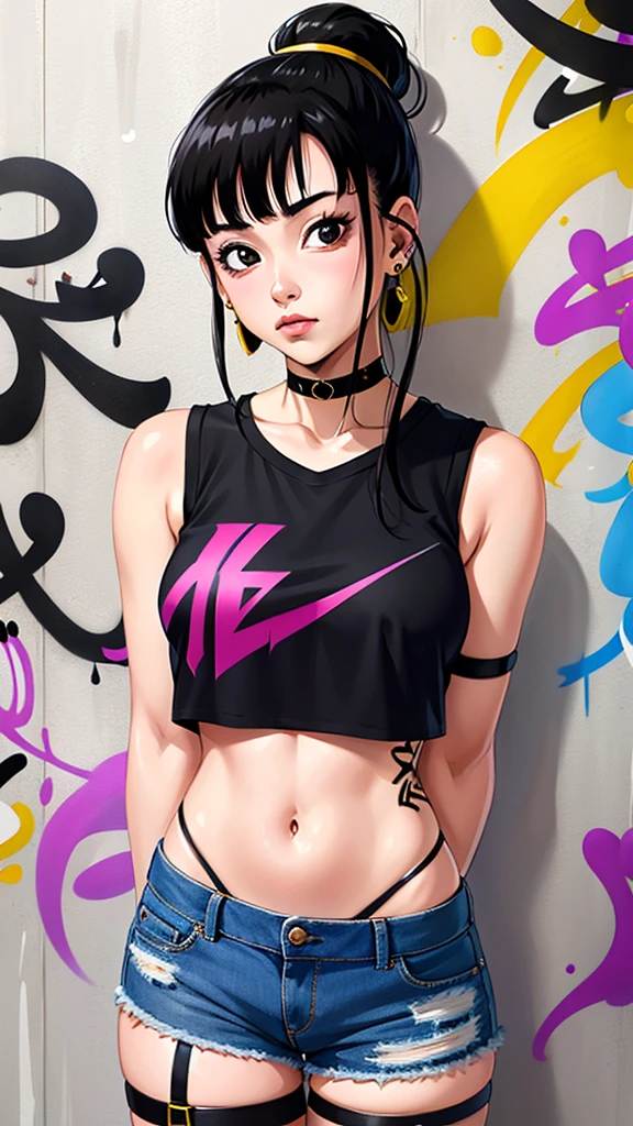 masterpiece, best quality, 1girl, solo, crop top, denim shorts, choker, (graffiti:1.5),  arms behind back, against wall, looking at viewer, armband, thigh strap, head tilt, bored, black hair, Black eyes, headset, chichi.