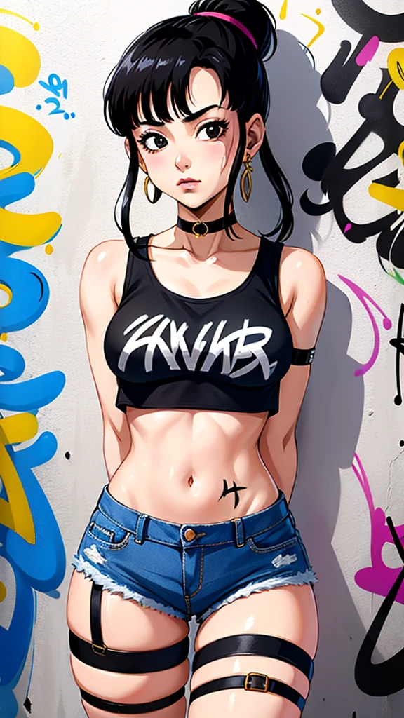 masterpiece, best quality, 1girl, solo, crop top, denim shorts, choker, (graffiti:1.5),  arms behind back, against wall, looking at viewer, armband, thigh strap, head tilt, bored, black hair, Black eyes, headset, chichi.