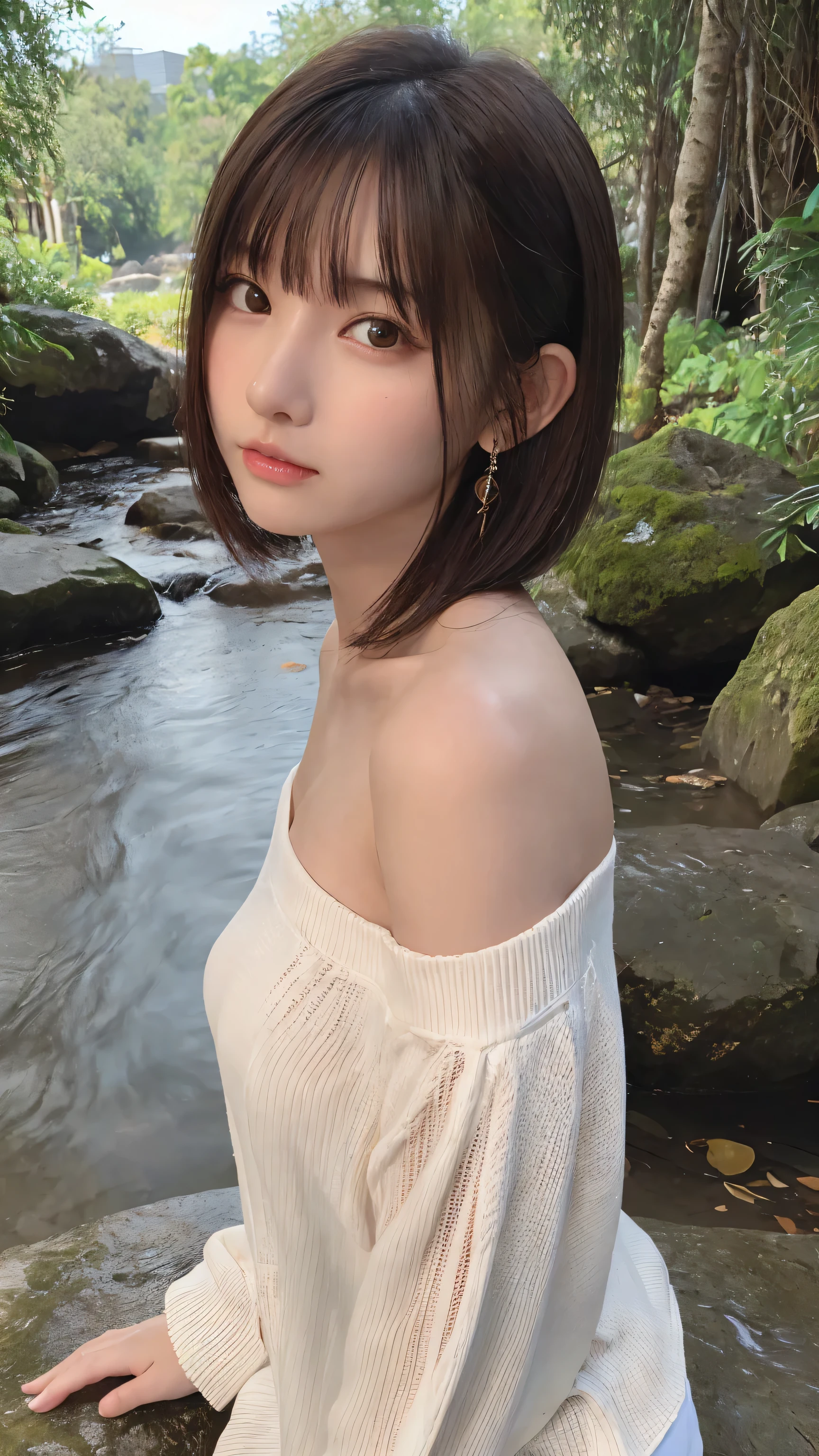 One Girl, (beautiful girl, Delicate girl:1.3), (16 years old:1.3),
break,  (string、Off-the-shoulder tops:1.2),
break, (Small waterfall　background:1.2),
break, Very beautiful eyes, (Symmetrical eyes:1.3),
break, (Big Breasts:1.1), Brown eyes, Parted bangs, Brown bob cut hair, Round face, cute,
break, (Eye and facial details:1.0),
break, (masterpiece, Highest quality, Very detailed, Detailed face, 8K)