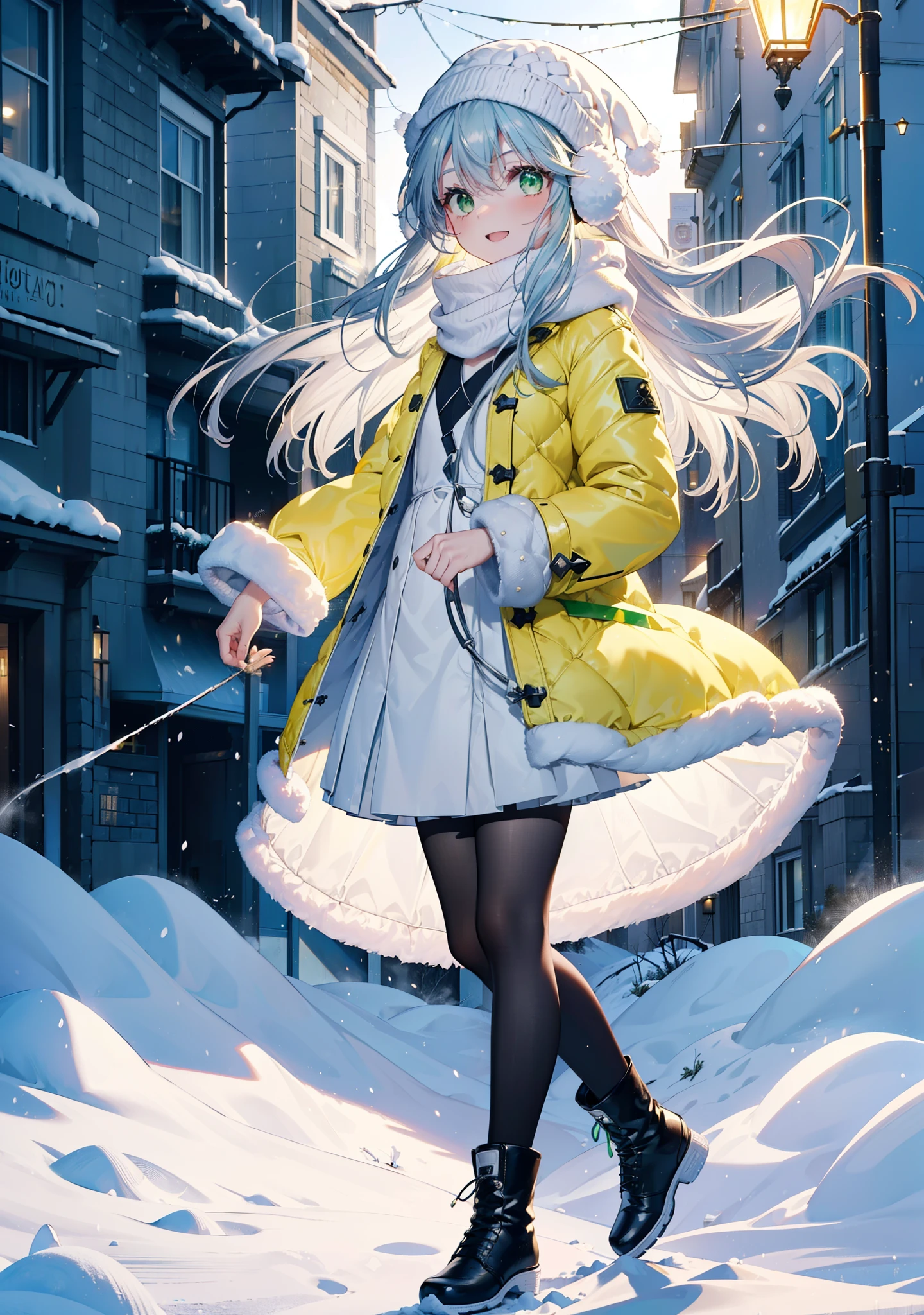 index, index, (Green Eyes:1.5), Silver Hair, Long Hair, (Flat Chest:1.2),happy smile, smile, Open your mouth,Knitted hat,Yellow long coat,White Tokkuri Sweater,Earmuffs,White scarf,Black long skirt,Black pantyhose,short boots,Walking,Snow is piled up,It's snowing,Snow Scene,Shirogane World,night,moonlight,Let the world enter your illustrations,
break looking at viewer, whole body,
break outdoors, Snow Country,Residential Street,
break (masterpiece:1.2), Highest quality, High resolution, unity 8k wallpaper, (figure:0.8), (Beautiful attention to detail:1.6), Highly detailed face, Perfect lighting, Highly detailed CG, (Perfect hands, Perfect Anatomy),