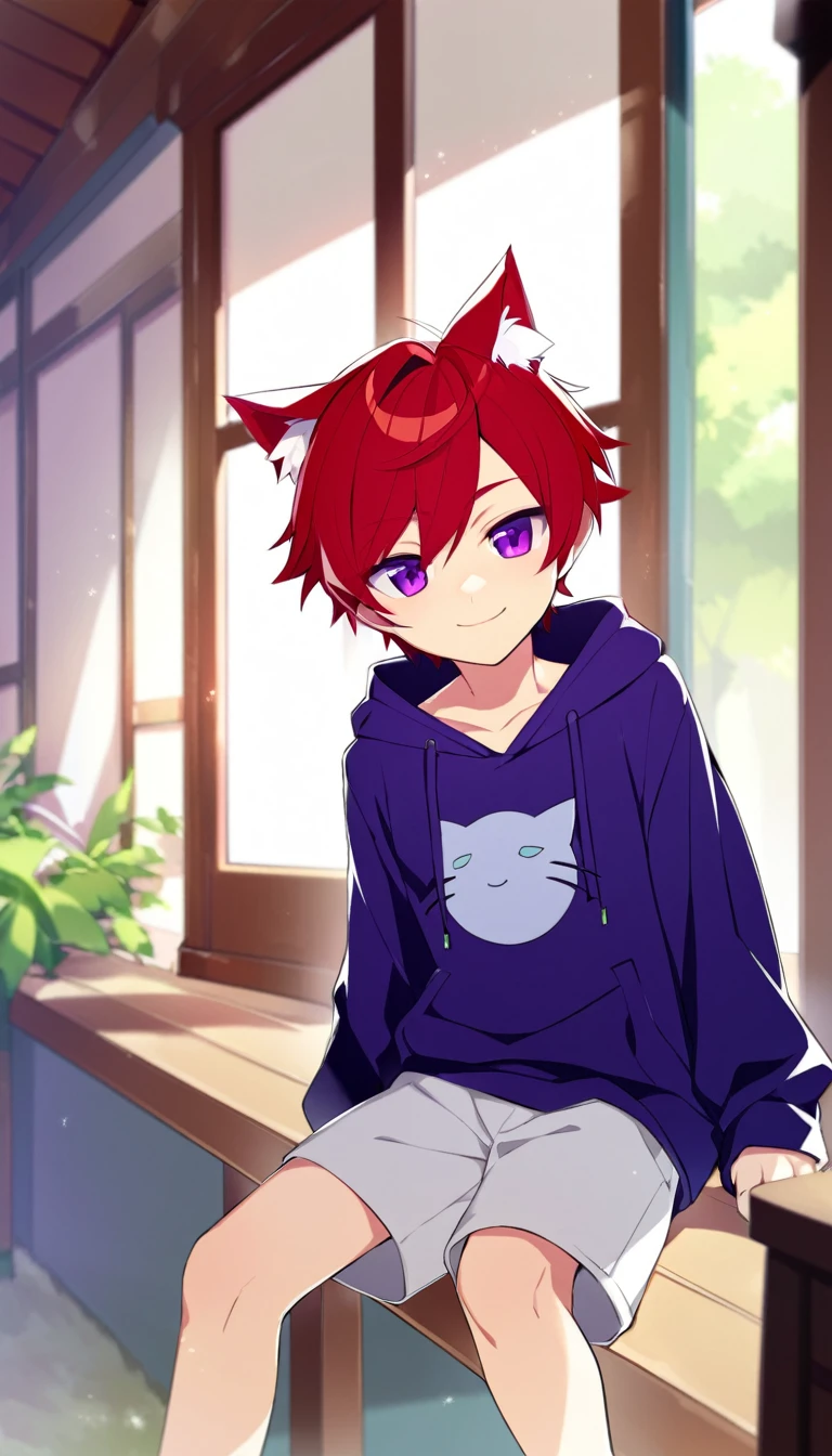 oe boy, cat ears, hoodie, cute, cool, lovely, naive, short pants, handsome, shota, purple eyes, cowboy shota, smile peacefully, stare at me, red hair, cowboy shot