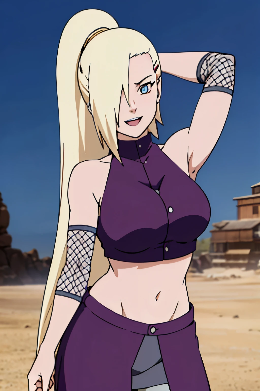 (posing for viewer), Ino yamanaka, looking at the viewer, attractive, groin, cowboy shot, ultra detailed face, sunny day, day time, upper body view, anime style, solo, detailed home, blonde, (focus on face), ((one eye covered with hair, hair over eye)), medium breasts, belly button, looking at the viewer, thick arms, (off-shoulders, wide shoulders, curving body), hidden eye, smile, open mouth, very happy, tall, hair clip, sharp look, sharp face, sharp eye, cold colors,
