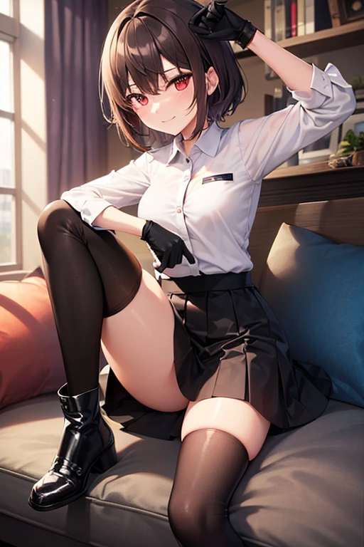 girl, Red eyes, short brown hair, Little smile, White shirt, black knuckleless gloves, short black skirt, Long black stockings, long black boots, 