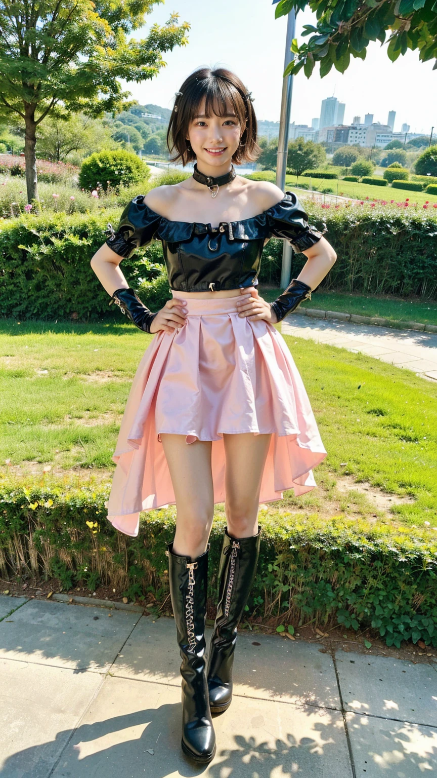 (8K、RAW Photos、Highest quality、masterpiece:1.2)、(Highest quality、Realistic)、1 Girl、((Tube top、Medium Hair、smile、Pink and black、mini skirt、Thin legs、whole body、boots、garden、View from the front、Looking into the camera、Idol Costume、Stand with hands on hips))、cute