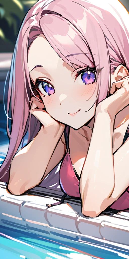 ((Highest quality、、masterpiece:1.3)), Upper Body、Long legs、Sharp focus:1.2, Beautiful woman with perfect figure:1.4、(Smiling:1.2), double eyelid、30-year-old female、Sexy pose、((((Close your mouth、One Woman、bikini)))),(((((one women,poolside:1.5)))))