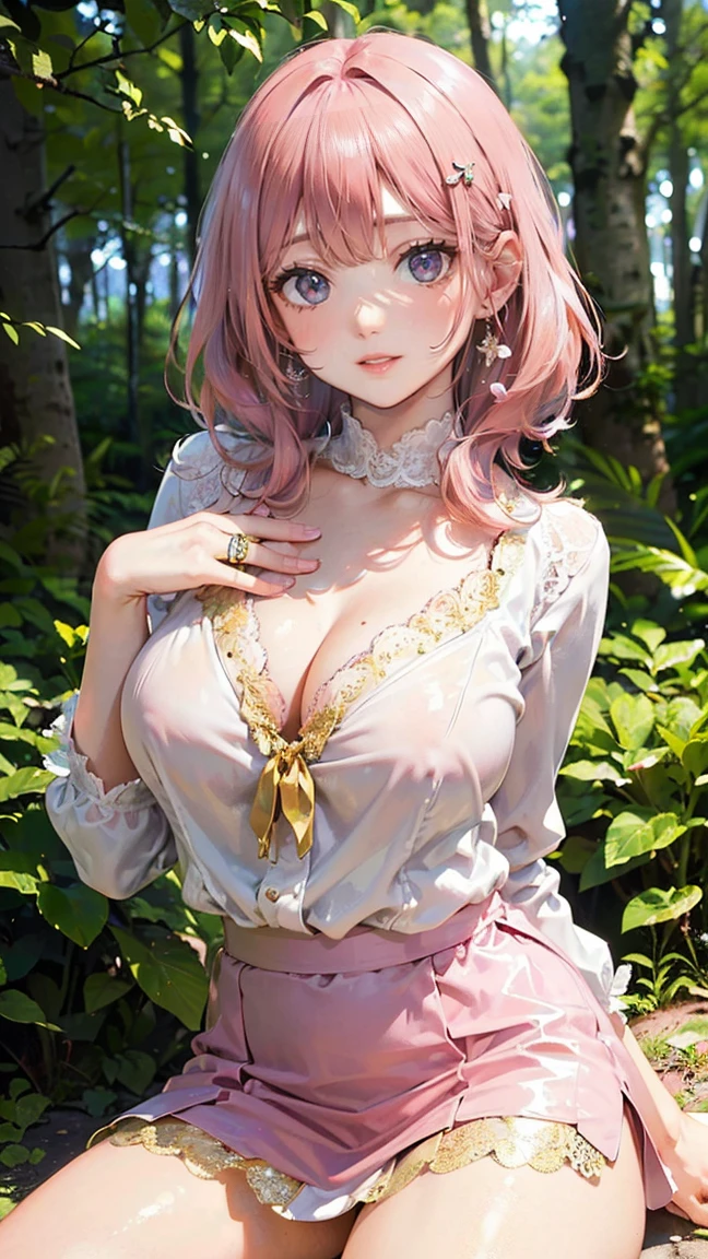 (Masterpiece, BestQuality:1.3), (ultra detailed:1.2), (hyperrealistic:1.3), (RAW photo:1.2), High detail RAW color photo, professional photograph, (Photorealistic:1.4), (realistic:1.4), (Pink Hair:1.5), professional lighting, perfect anatomy, (Big Breasts:1.2), (blush, detailed face), (A happy smile:1.7), sexly, erotic sexly, Random sexy gravure poses, (A sexy beauty wearing a white lace blouse and a miniskirt、Leaning against a tree in the forest。The background is a lush forest、Accessory: gold ring。:1.3)