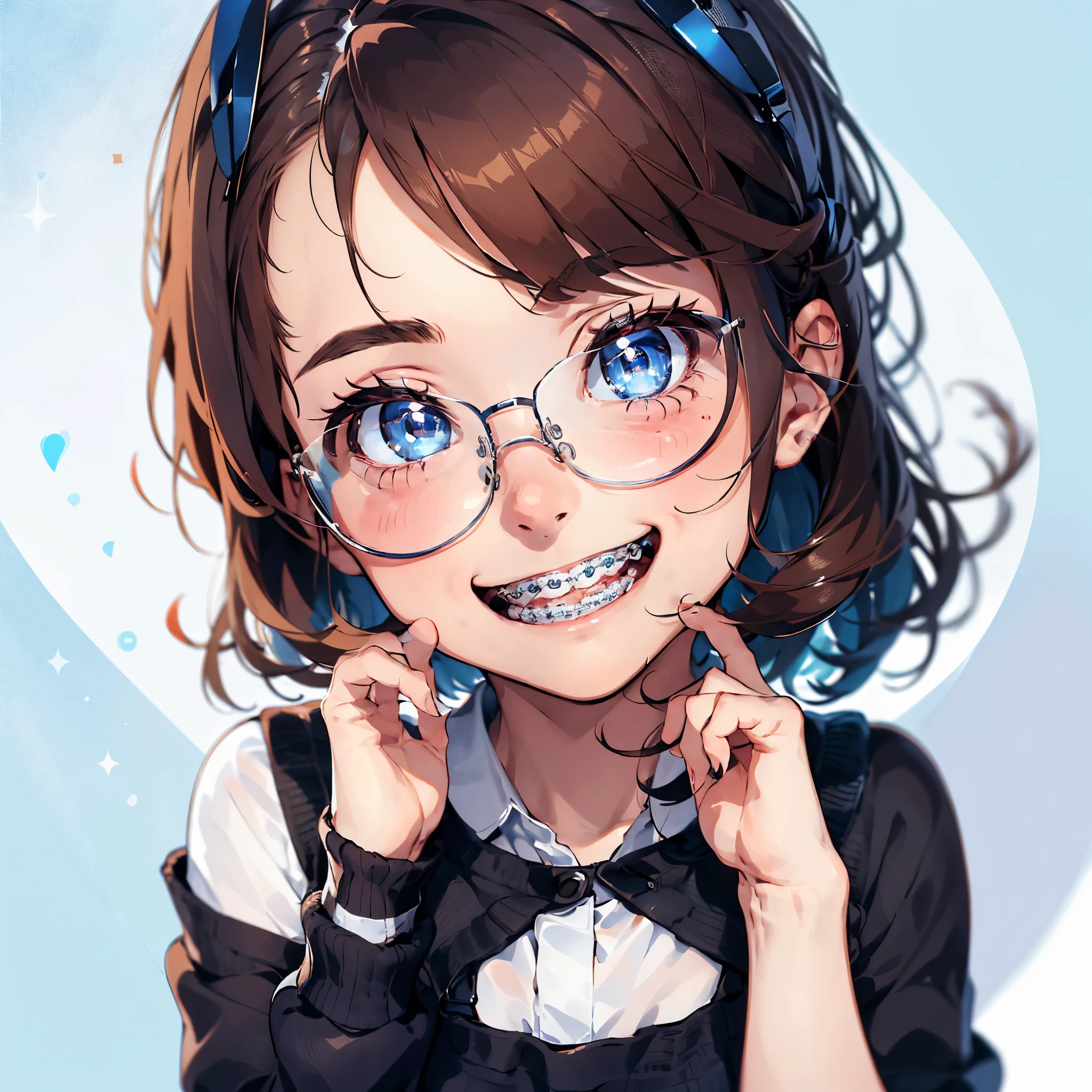 1girl, seductive eyes, braces, glasses, smiling, cute, face focus, blue eyes, blush, brown hair, best quality, masterpiece, highres