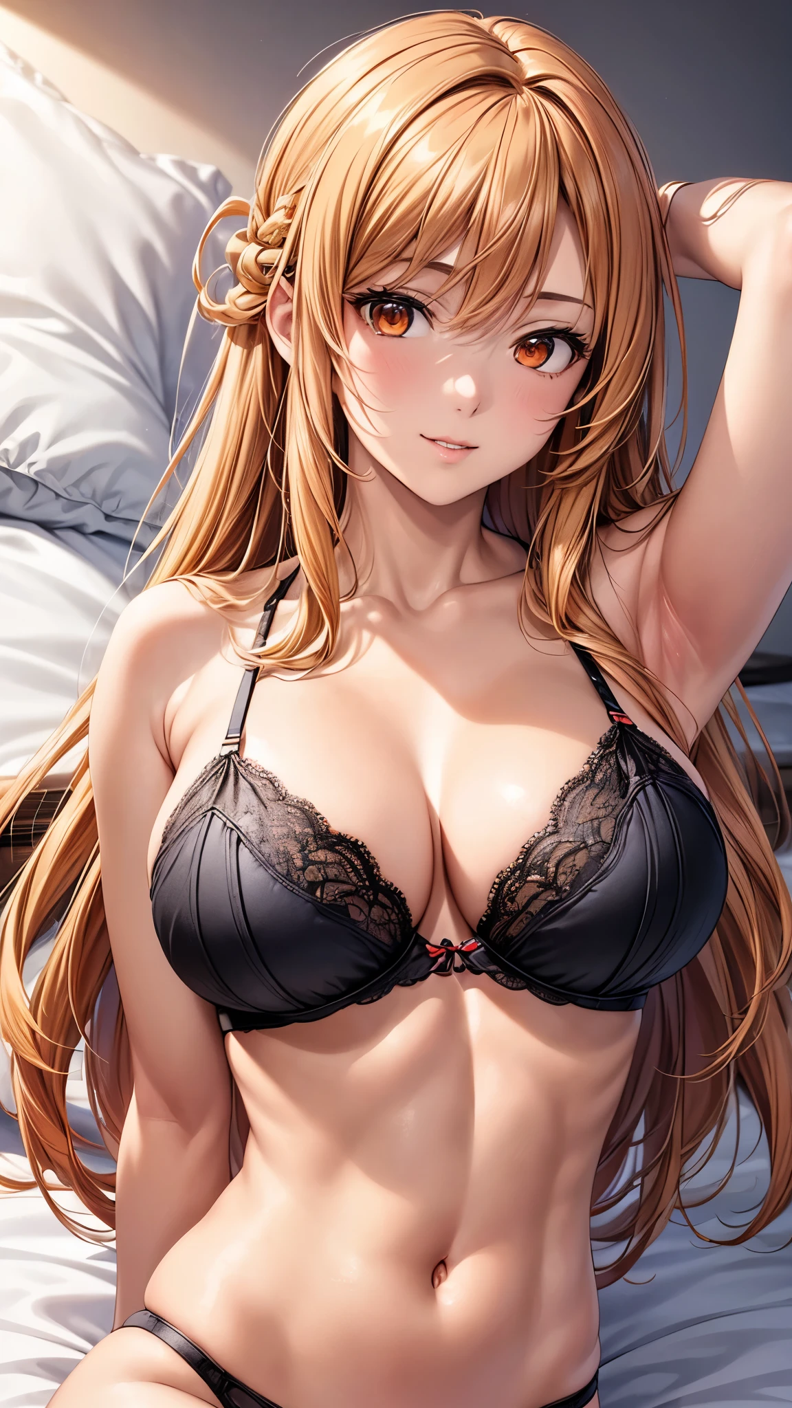 masterpiece,(Highest quality, High resolution, Realistic), (Upper Body:1.4),Focus on the face,Portraiture,from below, (focus on face:1.4),Elegant mature woman, Long Straight Hair,
(crown half up),Orange eyes,Orange Hair, slender,(arm behind head),(Aesthetic Anime Eyes:1.3),Large Breasts, Ultra-detailed CG 8k, Beautiful CG, Soft Light,smile,(Black underwear),(on back:1.2),On the bed,White sheets,背景はWhite sheets,White pillow,(Lying in bed:1.3),