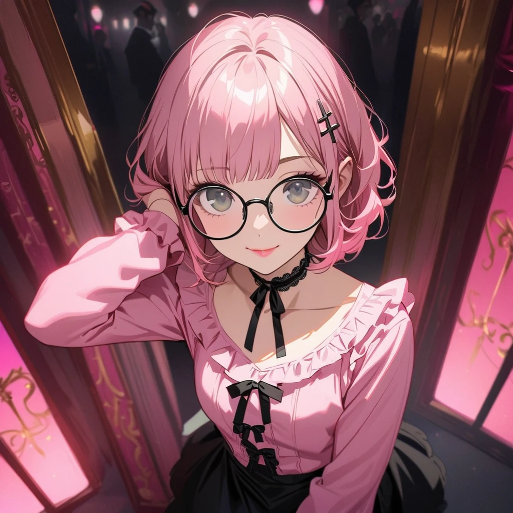 (pretty girl:1.5), (Girl with cross hairpin,Pale pink hair,Short wavy bob,Round Glasses,bluntbangs hair,Green and black eyes,
Pink Shirt,Cosplay, jirai kei, bangs, Black Skirt, black bow, View your viewers, bow, Long sleeve, choker, ribbon,Pink Lips, :1.4),(masterpiece:1.3), Anime Visual, (Love love:1.5), (Tilt your head:1.3), Very delicate face, Soft Clean Focus, Realistic lighting and shading, (Very delicate and beautiful art:1.3), elegant, (Calm colors:1.1), Small breasts,slim,Moulin Rouge in Paris, Mysterious pink light, A little dark room,View the viewer,smile,A girl points a flamethrower at the viewer,