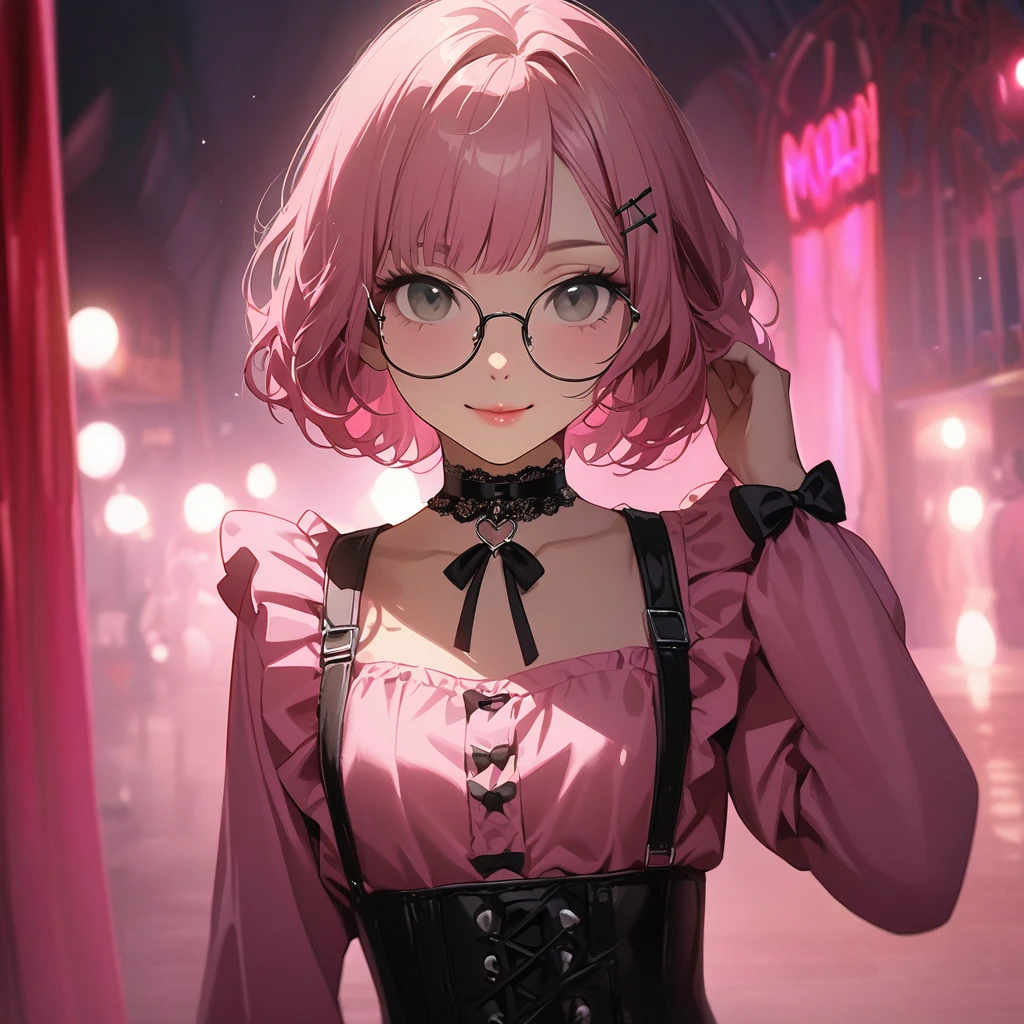 (pretty girl:1.5), (Girl with cross hairpin,Pale pink hair,Short wavy bob,Round Glasses,bluntbangs hair,Green and black eyes,
Pink Shirt,Cosplay, jirai kei, bangs, Black Skirt, black bow, View your viewers, bow, Long sleeve, choker, ribbon,Pink Lips, :1.4),(masterpiece:1.3), Anime Visual, (Love love:1.5), (Tilt your head:1.3), Very delicate face, Soft Clean Focus, Realistic lighting and shading, (Very delicate and beautiful art:1.3), elegant, (Calm colors:1.1), Small breasts,slim,Moulin Rouge in Paris, Mysterious pink light, A little dark room,View the viewer,smile,A girl points a flamethrower at the viewer,