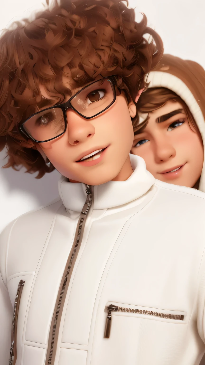 a 14 year old young man, with shaggy brown hair, cute face, square face, and brown eyes, wearing white turtleneck realistic face
