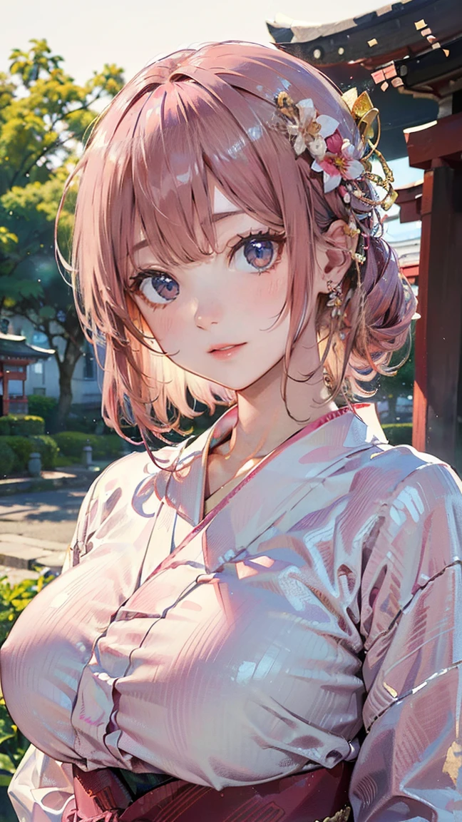 (Masterpiece, BestQuality:1.3), (ultra detailed:1.2), (hyperrealistic:1.3), (RAW photo:1.2), High detail RAW color photo, professional photograph, (Photorealistic:1.4), (realistic:1.4), (Pink Hair:1.5), professional lighting, perfect anatomy, (Big Breasts:1.2), (blush, detailed face), (A happy smile:1.7), sexly, erotic sexly, Random sexy gravure poses, (In the grounds of an old shrine、A sexy beauty in a white and red yukata smiles at the camera。The background is a historic shrine、The accessory is a gold hairpin.。:1.3)