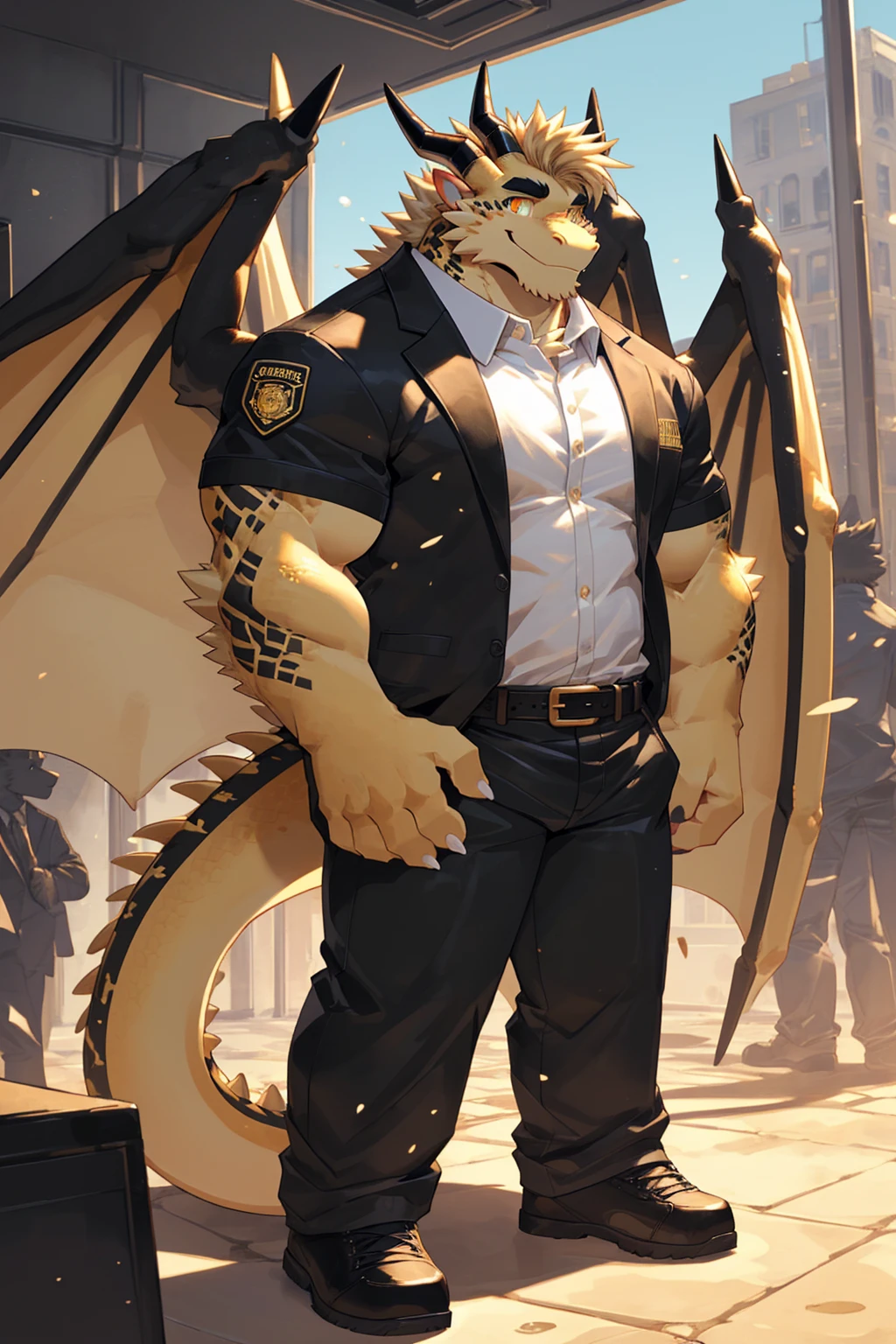 (sfw:1.5), male focus, security guard, Handsome 1boy, solitary,protrait photo, single, (Black eyebrows:1.4), (White nails, White Paws:1.4), (Light blond hair:1.5), (Black and gold dragon wings, Huge black and gold dragon wings:1.3), Black and gold skin, (Black and gold tail:1.4), (Black horn, Black curved corners:1.4), (Black body:1.4), (All black:1.4), (Pale blond chin, Pale golden neck:1.4), Pale golden chest, Light blond chest hair, (perfect golden eyes:1.4), (Black and gold scales:1.3), (Black Hands, Black Hands背, Black Hands指:1.4), (Black forehead, Black head:1.4),
Western Dragon, dragon, dragon boy, dragon body, feet, (big eyes, large eyes:1.4), (Chubby face, The body is huge, Larger face:1.3),
(Black short sleeve, White short-sleeved shirt, Black pants, Black short shoes, Black leather belt:1.4),
(full body:1.3), (Mature men:1.4), (Strong body, muscle,Strong male:1.3), (Thick arms:1.3), (Standing:1.4), (Looking at the audience, Focus, Eyes gaze:1.2), (Smile:1.4),
full background,ground, Blue sky, White Cloud, ground, School, School大门, security guard亭,
, Mysterious and romantic atmosphere, Caustic lines(refraction, polarization)Perfect anatomical structure, absurd, Detailed background, (Delicate eyes:1.3),Printing style。((artist:Takemoto Arashi))