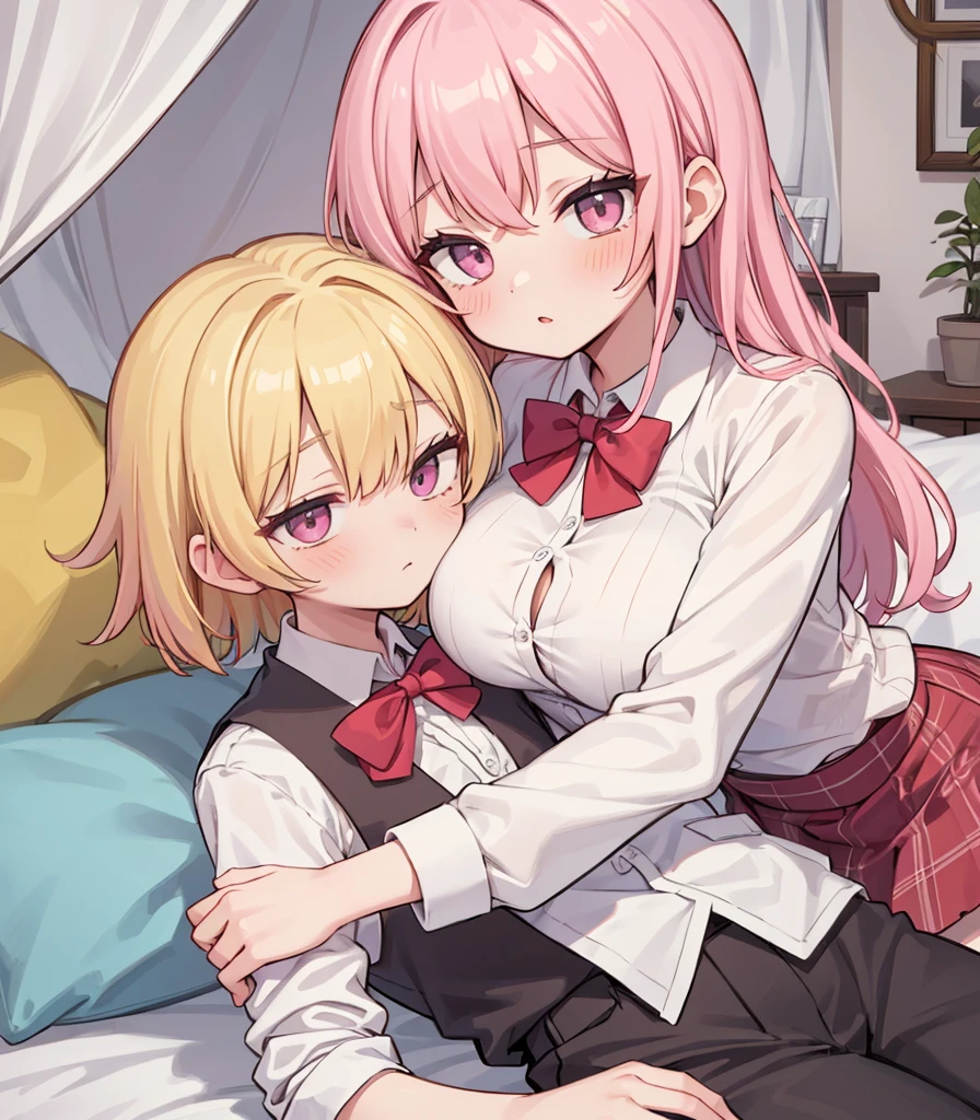 masterpiece, Highest quality, so beautiful, absurdists,High resolution,One girl, One boy,Cuddling in bed, like,sexly,Look at each one, blush,Age difference,bow tie,blondes,chest,Long Hair,Pink Hair,Tucked in shirt,short hair,skirt,Tent shirt,Slut,Big breasted sister and brother,Siblings, trousers,Pushing her big tits against her brother,(My brother&#39;s erect penis),((((姉のvery huge breasts,Sister crushes her big tits in her brother&#39;s face)))),(((((Very huge breasts))))),(((((small penis,NSFW,Soft Very HUGE breasts))))),((Bursting Breasts,Huge breasts hiding her brother&#39;s face)),((((((((Huge Breasts, Large Breasts, Very Large Breasts, Very Large Breasts, Very Large Breasts, Very Large Breasts, Very Large Breasts, Very Large Breasts, Very Large Breasts, Very Large Breasts, Very Large Breasts, Very Large Breasts, Burying Face in Breasts)))))))),Two people gazing at each other,puffy breasts,((Face crushed by tits, huge breasts on brother's body, mouth covered by tits, breasts covering face)),((huge breasts)),soft massive breasts