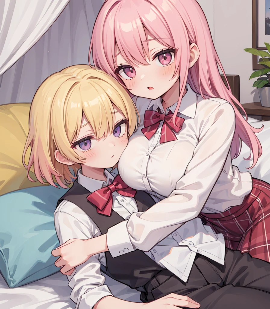 masterpiece, Highest quality, so beautiful, absurdists,High resolution,One girl, One boy,Cuddling in bed, like,sexly,Look at each one, blush,Age difference,bow tie,blondes,chest,Long Hair,Pink Hair,Tucked in shirt,short hair,skirt,Tent shirt,Slut,Big breasted sister and brother,Siblings, trousers,Pushing her big tits against her brother,(My brother's erect penis),((((姉のvery huge breasts,Sister crushes her big tits in her brother's face)))),(((((Very huge breasts))))),(((((small penis,NSFW,Soft Very HUGE breasts))))),((Bursting Breasts,Huge breasts hiding her brother's face)),((((((((Huge Breasts, Large Breasts, Very Large Breasts, Very Large Breasts, Very Large Breasts, Very Large Breasts, Very Large Breasts, Very Large Breasts, Very Large Breasts, Very Large Breasts, Very Large Breasts, Very Large Breasts, Burying Face in Breasts)))))))),Two people gazing at each other,puffy breasts,((Face crushed by tits, huge breasts on brother's body, mouth covered by tits, breasts covering face)),((huge breasts)),soft massive breasts