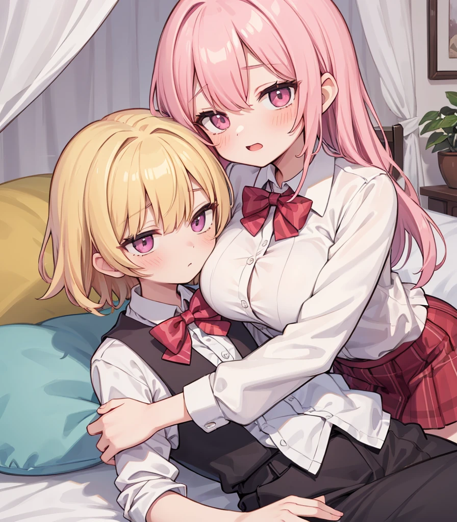 masterpiece, Highest quality, so beautiful, absurdists,High resolution,One girl, One boy,Cuddling in bed, like,sexly,Look at each one, blush,Age difference,bow tie,blondes,chest,Long Hair,Pink Hair,Tucked in shirt,short hair,skirt,Tent shirt,Slut,Big breasted sister and brother,Siblings, trousers,Pushing her big tits against her brother,(My brother&#39;s erect penis),((((姉のvery huge breasts,Sister crushes her big tits in her brother&#39;s face)))),(((((Very huge breasts))))),(((((small penis,NSFW,Soft Very HUGE breasts))))),((Bursting Breasts,Huge breasts hiding her brother&#39;s face)),((((((((Huge Breasts, Large Breasts, Very Large Breasts, Very Large Breasts, Very Large Breasts, Very Large Breasts, Very Large Breasts, Very Large Breasts, Very Large Breasts, Very Large Breasts, Very Large Breasts, Very Large Breasts, Burying Face in Breasts)))))))),Two people gazing at each other,puffy breasts,((Face crushed by tits, huge breasts on brother's body, mouth covered by tits, breasts covering face)),((huge breasts)),soft massive breasts