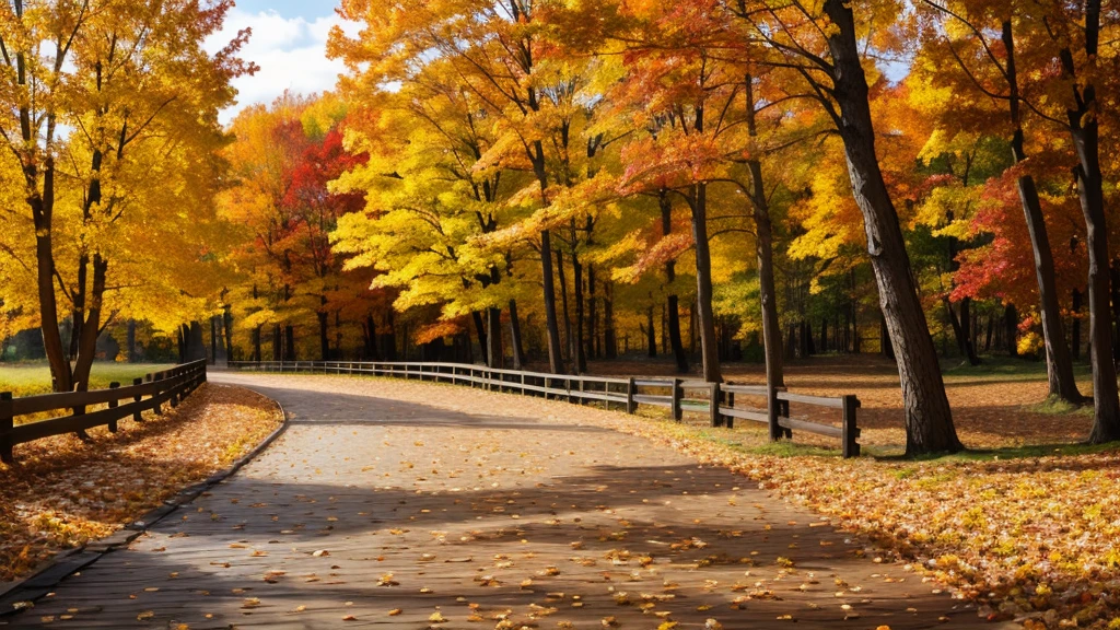 Panoramic autumn landscape with wooden path. Fall nature background