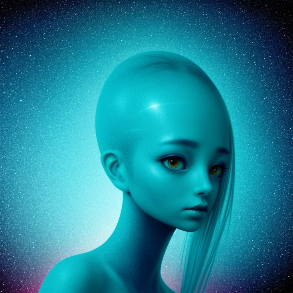 (((Masterpiece))), (high quality),(one alien girl:1.2), ,(innocent smile),(big light black eyes:1.5),5 heads,(Skinhead,Gray aliens,Large, dark, almond-shaped eyes,:1.5),(No hair, no whites, no ears:1.5),Wearing a silver body-fitting suit,Plain background,from below