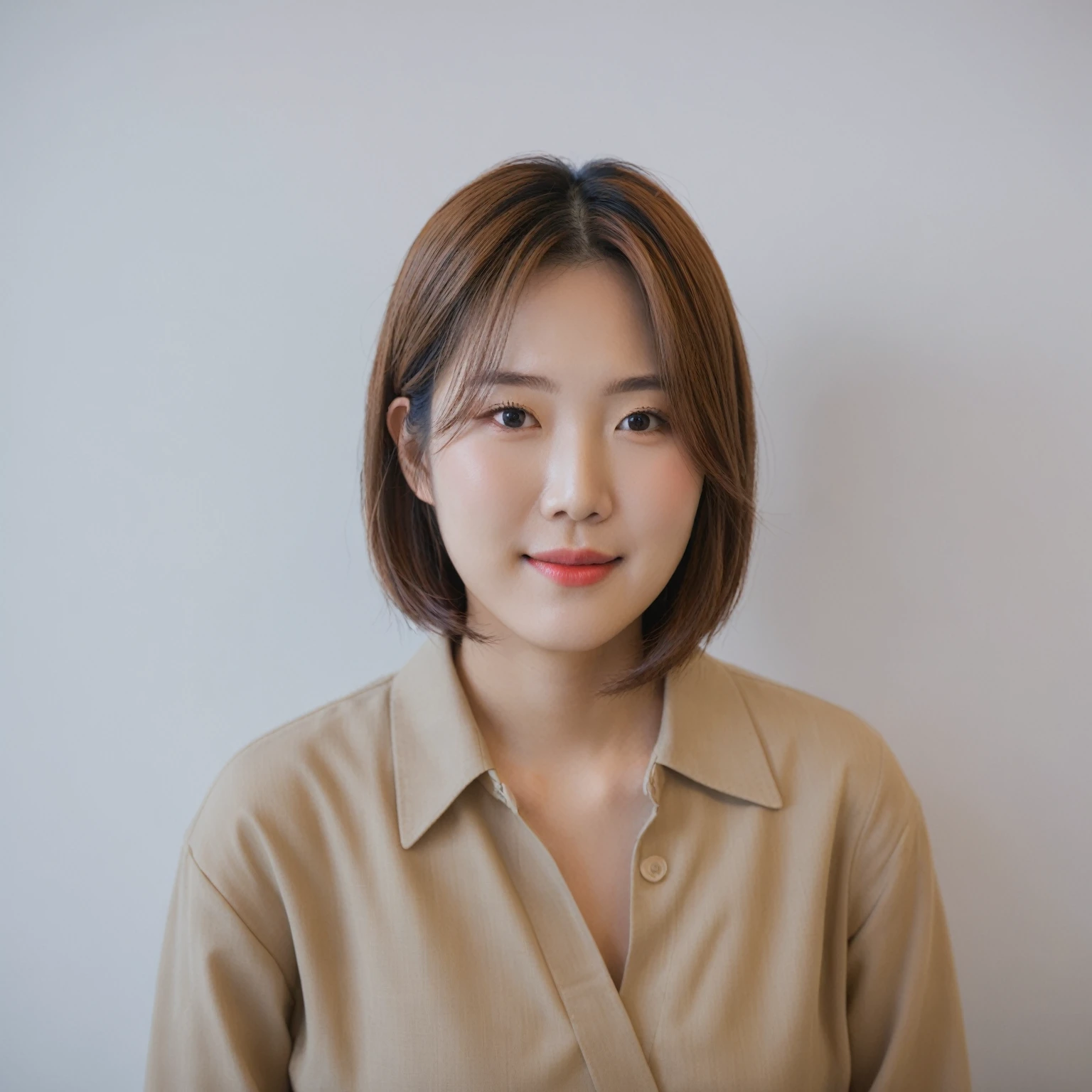Best Quality, 8k, Masterpiece, (Portrait: 1.3), (photo realistic:1.4), (hyper realistic:1.4), Sharp Focus, looking at viewer, (smoother lighting:1.1), (increase cinematic lighting quality:0.9), realistic lighting, backlighting, light on face, ray trace, (brightening light:1.2), (Increase quality:1.4), sharp detail, (best quality real texture skin:1.4), finely detailed eyes, black_eyes, finely detailed face, 25 year old Korean woman, (bustier :1.4), (Create an image maintaining the original base model hairstyle:1.5)