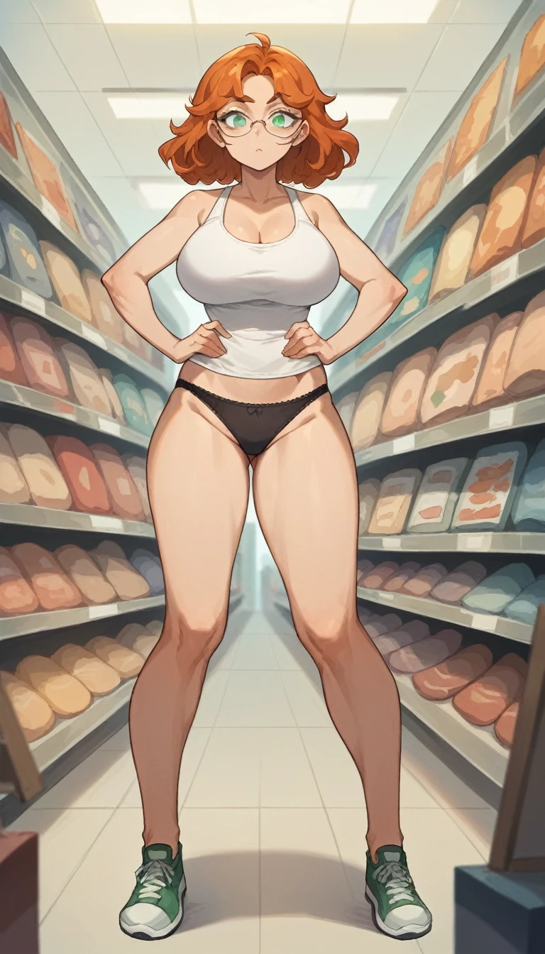 1 woman, wavy orange hair, green eyes , sly face , glasses , white tank top , black panties , abdomen, big breasts , Put your hands on your hips... , canvas shoes , convenience store