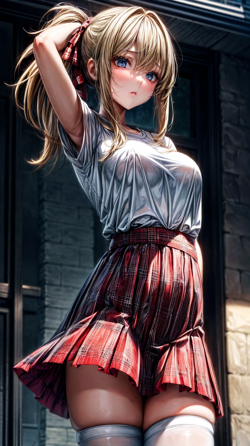 1girl,masterpiece,best quality,blonde hair,(ponytails),blue eyes,(white stockings),(red plaid skirt),short skirt,standing,in full length,medium breasts,white t shirt,in front of streets,extremely detailed,[[realistic]],beautiful alluring anime teen,seductive anime girl,waving skirt