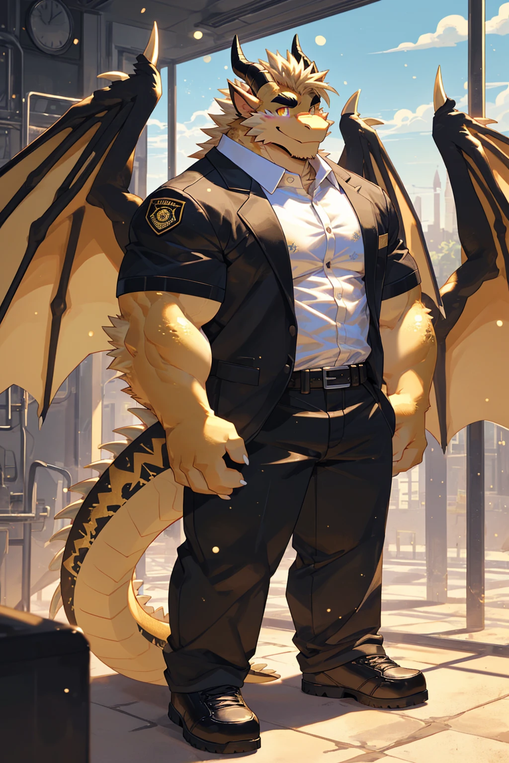 (sfw:1.5), male focus, security guard, Handsome 1boy, solitary，protrait photo, single, (Black eyebrows:1.4), (White nails, White Paws:1.4), (Light blond hair:1.5), (Black and gold dragon wings, Huge black and gold dragon wings:1.3), Black and gold skin, (Black and gold tail:1.4), (Black horn, Black curved corners:1.4), (Black body:1.4), (All black:1.4), (Pale blond chin, Pale golden neck:1.4), Pale golden chest, Light blond chest hair, (perfect golden eyes:1.4), (Black and gold scales:1.3), (Black Hands, Black Hands背, Black Hands指:1.4), (Black forehead, Black head:1.4), 
Western Dragon, dragon, dragon boy, dragon body, feet, (big eyes, large eyes:1.4), (Chubby face, The body is huge, Larger face:1.3), 
(Black short sleeve, White short-sleeved shirt, Black pants, Black short shoes, Black leather belt:1.4), 
(full body:1.3), (Mature men:1.4), (Strong body, muscle,Strong male:1.3), (Thick arms:1.3), (Standing:1.4), (Looking at the audience, Focus, Eyes gaze:1.2), (Smile:1.4), 
full background,ground, Blue sky, White Cloud, ground, School, School大门, security guard亭,
, Mysterious and romantic atmosphere, Caustic lines(refraction, polarization)Perfect anatomical structure, absurd, Detailed background, (Delicate eyes:1.3),Printing style。((artist:Takemoto Arashi))