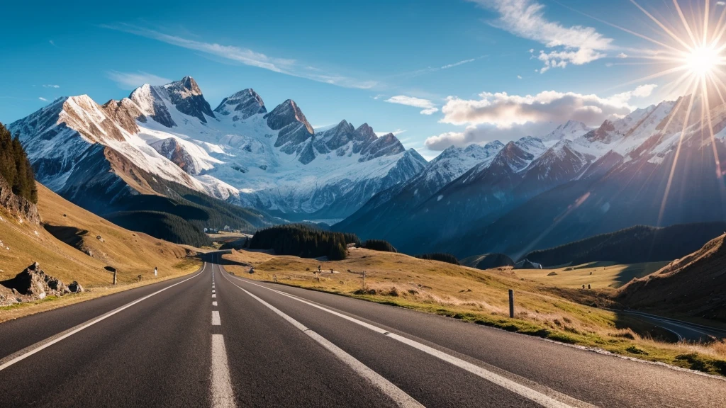 Dramatic alpen mountains landscape, some clouds, blue sky, sun rays and road