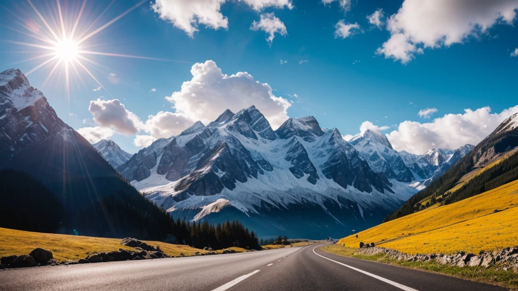 Dramatic alpen mountains landscape, some clouds, blue sky, sun rays and road