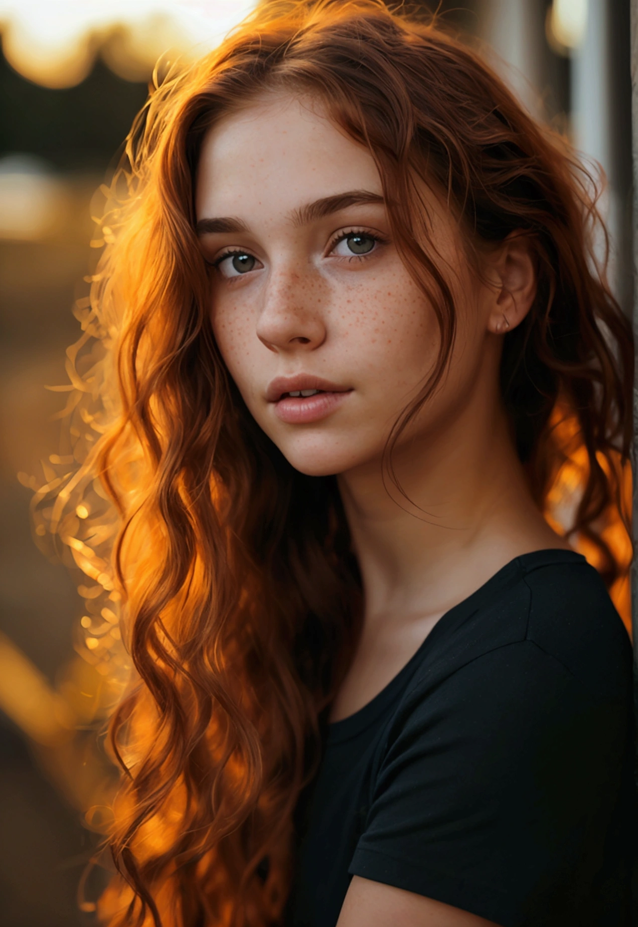 Young woman with fair skin, adorned with freckles on her cheeks, Full body photography, displays an athletic figure. The ultra-realistic photograph, taken with a high-fidelity camera, captures every intricate detail of her skin texture, the vibrant color and natural curls of her red-brown hair, and the captivating depth of her brown eyes. Her curly locks cascade down in luscious waves, each strand shimmering under the soft, natural light. The freckles on her cheeks add a charming touch to her flawless complexion, giving her a youthful and playful look. photograph taken at night. She is wearing jeans and a black t-shirt, full body photography, photograph taken at night.