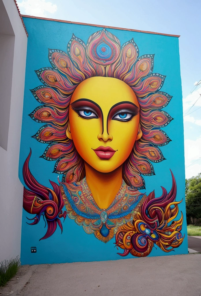 A unique and mind-bending wall painting that combines elements of surrealism and psychedelia, with bold and contrasting colors and unexpected imagery.