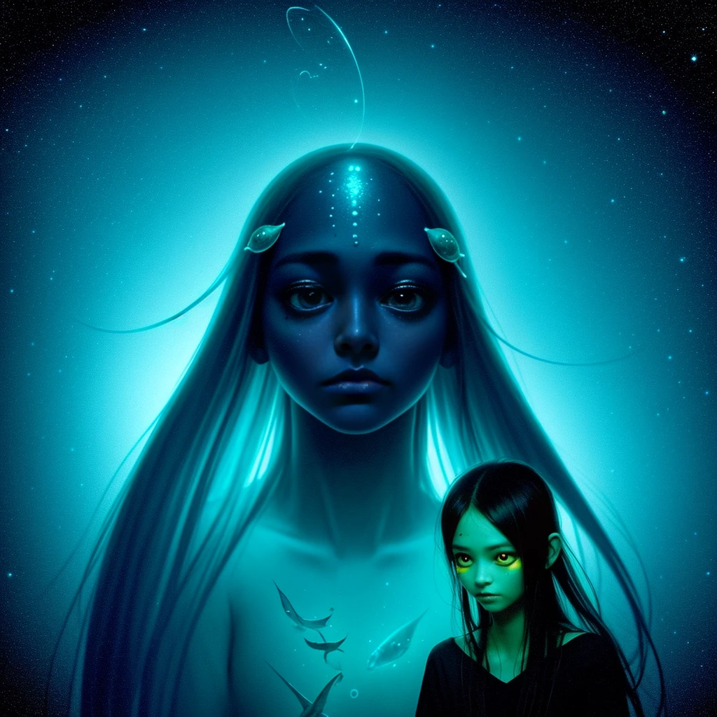 A stunning, hyper-realistic portrayal of an alien creature by Esao Andrews. The fish girl is depicted with a slender, bioluminescent body, adorned with multi-colored neon dots that glow brilliantly. Her transparent skin reveals her intricate internal structure, and her small, round appendages serve as arms, gently embracing her otherworldly fish-like face. Esao Andrews' unique artistic techniques create an atmosphere of wonder and mystique, drawing the viewer into the captivating world of this enigmatic creature.