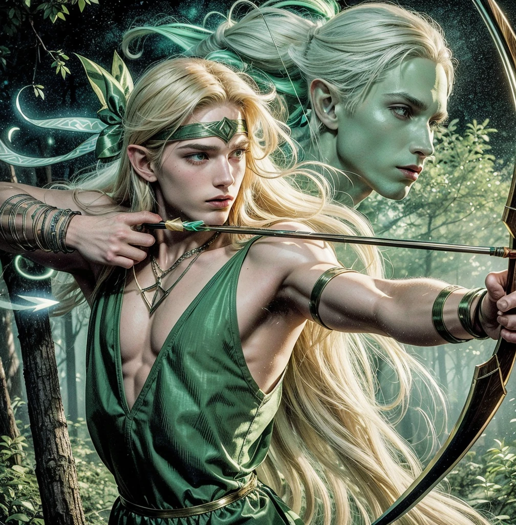 American classic comic book art: Man Magic elf young man ethereal delicate, long straight platinum blonde hair long, tight light green outfit dress sleeveless, tight fishnet stockings, magic archery, big butt, metal bracelets, emanating blue-green magic energy from arrow, green ribbon on forehead, covered neck, very young face man, forest, enchanted bow, delicate man archer, delicate male body, peach lipsprancing, classic comic book