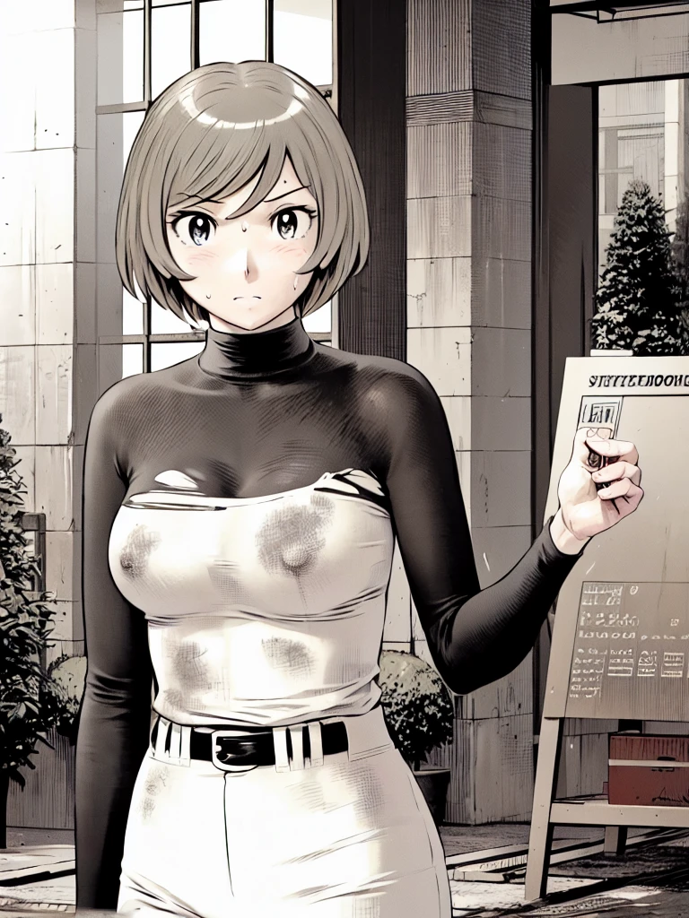 (野球uniform:1.2),
blonde, (short hair:1.2),Long sleeve, Black Shirt, turtleneck,White trousers、uniform、Black belt、((Illustration of a person))、big 、Muddy、Soil stains、ドロドロのuniform、
View your audience,, (Highest quality:1.3),One Girl, White pants、uniform、Outdoor、baseball ground、ground、soil、blue eyes、Tight black shirt、(masterpiece、Highest quality)、Highest quality, Ultra-high resolution, (((masterpiece))), alone, Sweat、big eyes、big Breasts、Torn clothes、 Fully exposed、Nipples、One Girl, Front view、Embarrassed face、Bronze colored hair、((short hair))、Stand up straight、Cowboy Shot