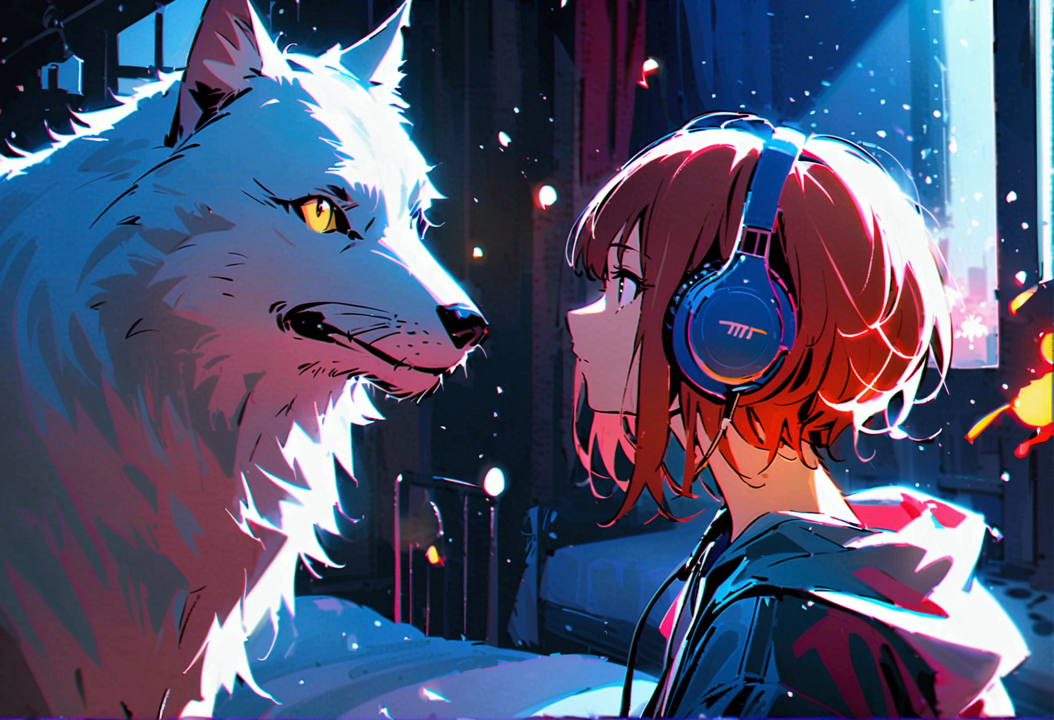 The background is a dimly lit bedroom, The color is blue, One woman, Wearing headphones, Oversized clothes, Look Away, one wolf, People are the entire image５min１About the size,
