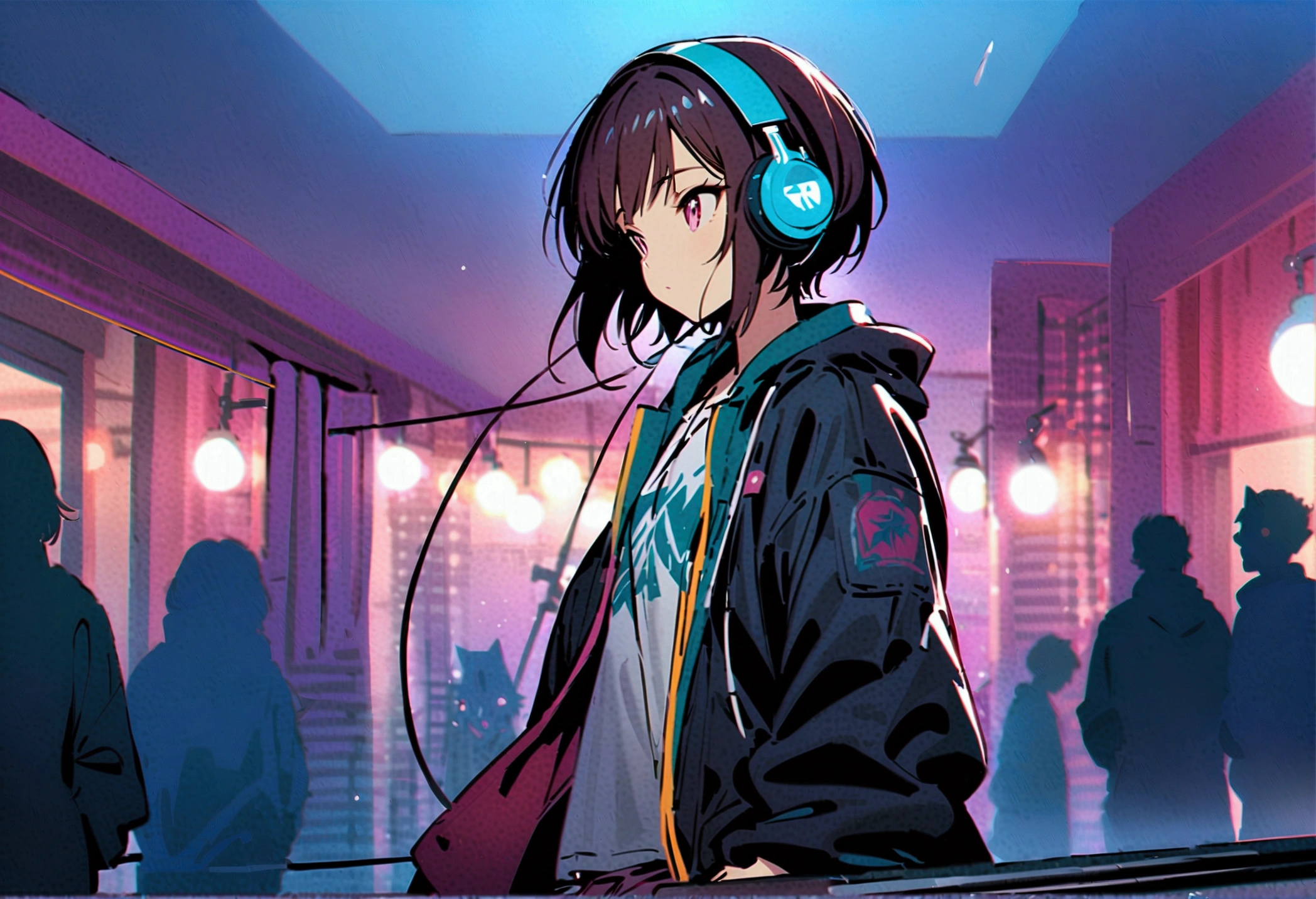 The background is a dimly lit bedroom, The color is blue, One woman, Wearing headphones, Oversized clothes, Look Away, one wolf, People are the entire image５min１About the size,